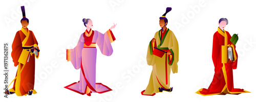 Set of elegant characters in traditional Chinese Hanfu costumes, modern flat vector illustration isolated on white.