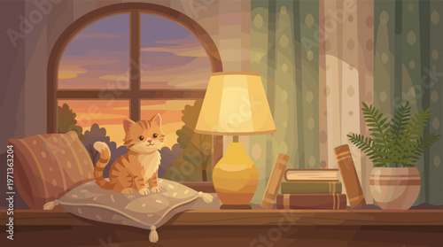Cozy cartoon scene of a cute kitten on a windowsill at dusk. A warm lamp, books, and plant create a peaceful, hygge mood. Perfect for blogs or children's content.