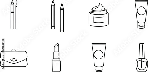 Minimalist Cosmetics Line Art Icon Set with Lipstick Moisturizer Cream Jar Lotion Tube and Nail Polish