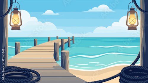 A serene vector illustration of a wooden pier leading into a calm sea. Framed by vintage lanterns, this peaceful seascape is perfect for travel, vacation, or nautical themes.