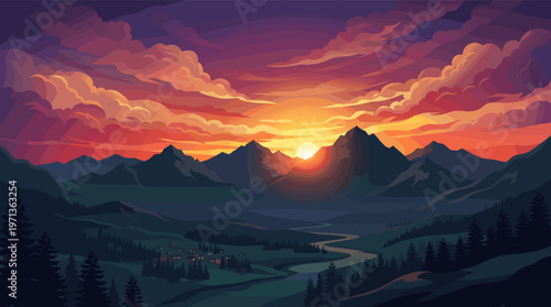 A stunning digital illustration of a colorful sunset over mountains. A peaceful valley with a river and a cozy, illuminated village rests below. Perfect for travel or nature themes.