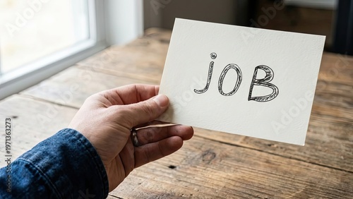 The Job Search: A hand holds a card with the word job written on it, symbolizing the pursuit of employment and career opportunities.