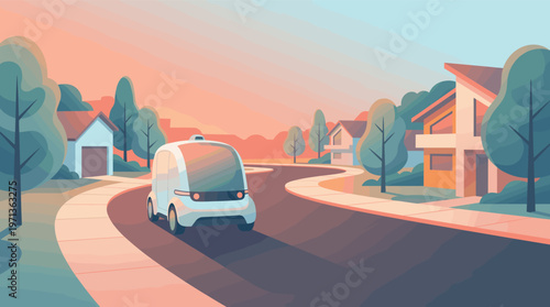 A self-driving autonomous shuttle bus drives through a modern suburban neighborhood at sunset. Concept for future technology, smart city, AI, and mobility innovation. Flat vector.