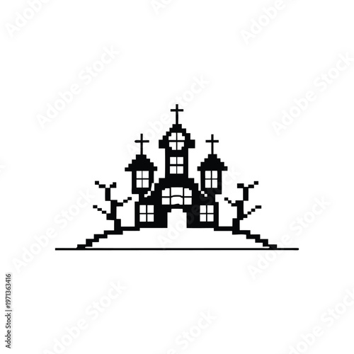 Creepy black and white haunted house illustration on a hill