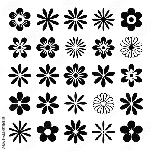 Industrial collection of black cogwheel and gear icons representing machinery and engineering
