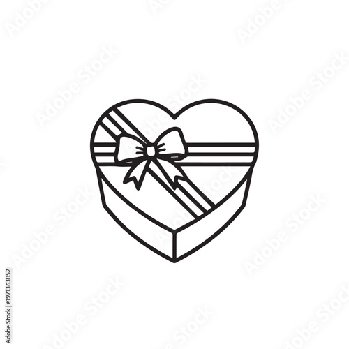 Heart Shaped Gift Box with Ribbon and Bow Line Art Icon