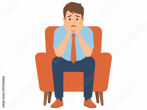 Sad Businessman Sitting on Orange Armchair Holding Chin Vector