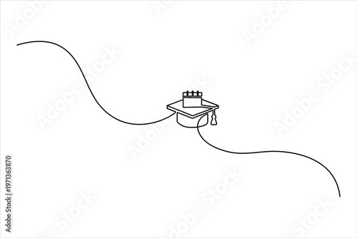 Minimalist continuous one-line drawing of a graduation cap and calendar, representing graduation dates, academic schedules, and school deadlines.