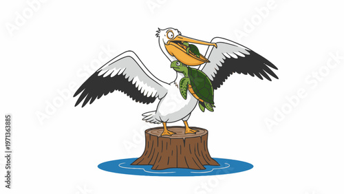 Pelican cartoon character holding turtles on a tree stump