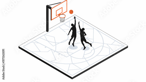 Basketball Players Silhouette Jumping on Isometric Court