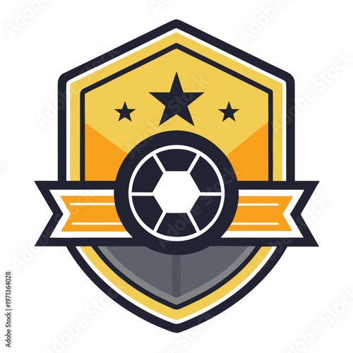 A shiny 3d gold star badge with ribbon set in a circular shield shape acts as a vector web icon and military medal award decoration design