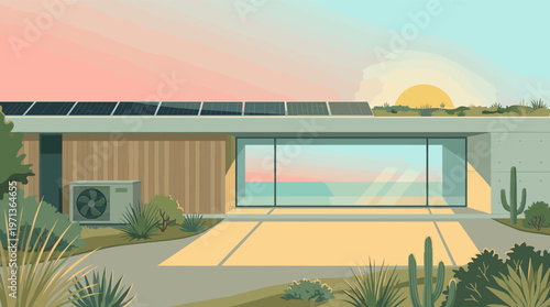 Vector illustration of a modern house with solar panels and heat pump. Sustainable architecture in a desert landscape at sunset. Concepts of green energy and eco living.