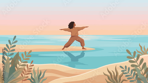 Flat vector illustration of a woman practicing yoga on a tranquil beach. Ideal for wellness, travel, and mental health themes.