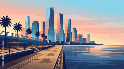 Vector illustration of a modern city skyline at sunset or sunrise. A pier with palm tree silhouettes overlooks the water. Ideal for travel, real estate, or web backgrounds.