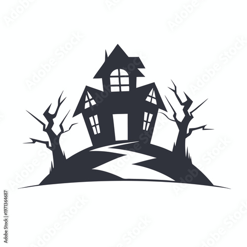 Two dark solid haunted houses on a hill illustration