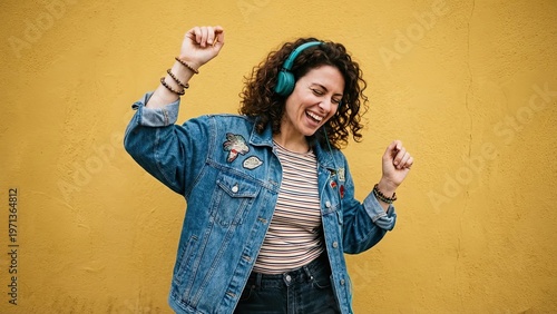 Joyful Dancer with Headphones: A woman with curly hair joyfully dances to music, wearing headphones and a denim jacket, against a vibrant yellow wall.