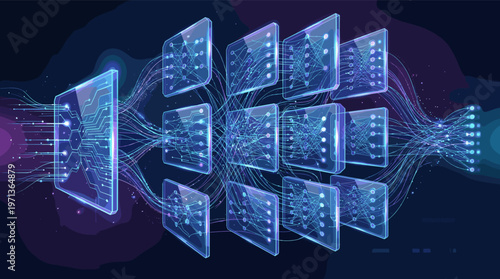 Futuristic visualization of an artificial intelligence neural network. Abstract concept of deep learning, big data processing, and machine learning. Tech background illustration.