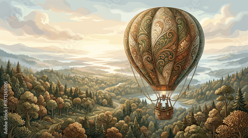An ornate hot air balloon flies over a vast forest and river. This vintage-style illustration evokes adventure, travel, and fantasy. Perfect for storytelling or travel concepts.