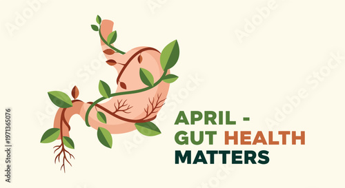 Gut health awareness illustration of digestive system with floral elements