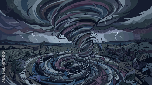 A dramatic illustration of a powerful tornado tearing through a town under a dark stormy sky. Depicts chaos, destruction, and natural disaster. A metaphor for crisis or turmoil.