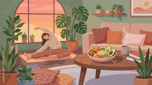 A woman practicing yoga in a cozy living room at sunrise. A healthy bowl and coffee on the table promote wellness, self-care, and a balanced lifestyle. Vector illustration.