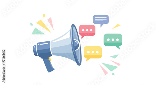 Megaphone Announcing Messages with Speech Bubbles and Geometric Shapes