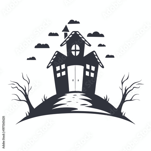Two spooky solid haunted houses on a hill illustration
