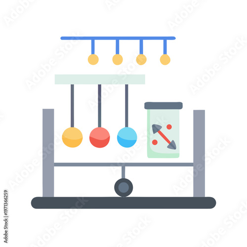 Newton's cradle and scientific experiment setup with beaker illustration