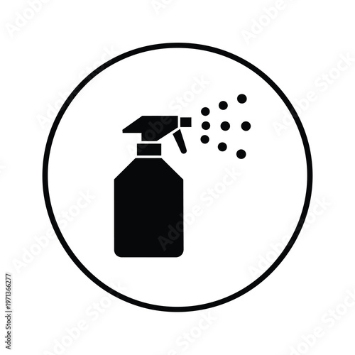 Vector of a spray bottle releasing droplets in a circular frame.
