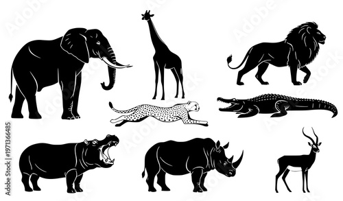 Canvas Print A set of black silhouettes of various wild animals on a white background