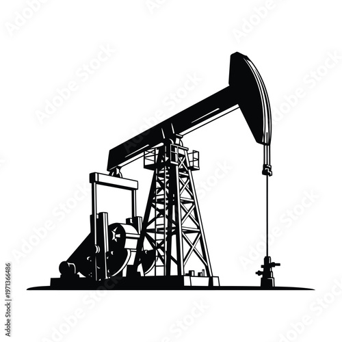 Oil pump jack silhouette, industrial equipment for petroleum extraction vector