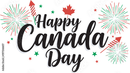 Canada Day Festive Canada Day design with fireworks and maple leaf icon for celebratory holiday banner or social media post vector
