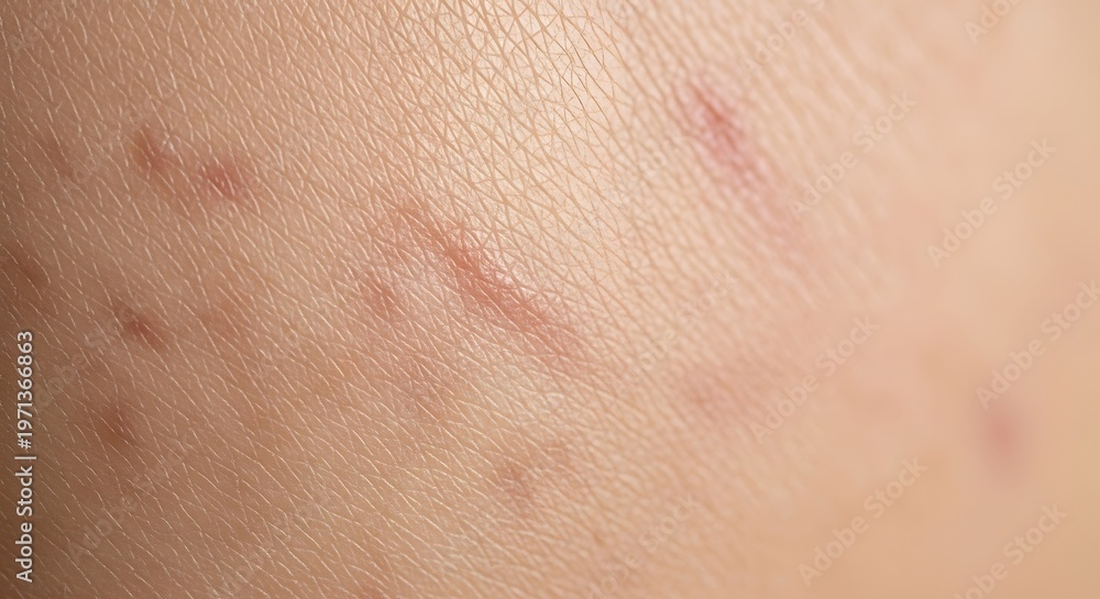 Fototapeta premium Close-up of skin with multiple red irritation marks and blemishes.
