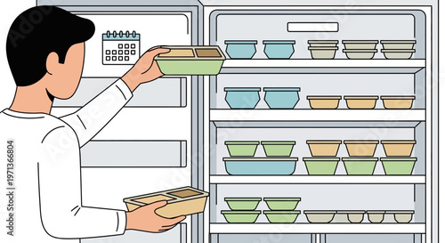 Man organizing meal prep containers in the refrigerator