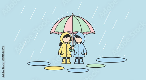 Two children in raincoats standing under a colorful umbrella in the rain