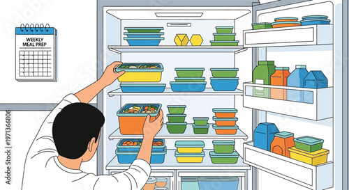 Man organizing meal prep containers in a refrigerator