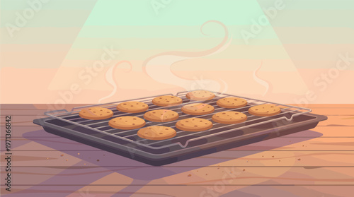 Vector illustration of warm, steaming cookies on a cooling rack. A cozy, homemade scene perfect for bakery promotions, food blogs, recipe websites, or cafe menus.