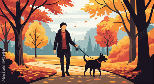 Man walking a dog on a path in a beautiful autumn park