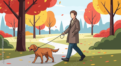 Man walking a dog in a park during autumn season