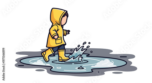 Child in a yellow raincoat jumping in a puddle