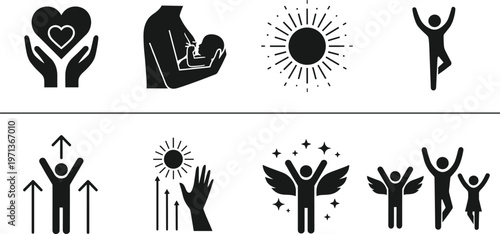 Human wellness and motivation icon set with health, strength, yoga and growth symbols, lifestyle concept for self improvement, positivity, success mindset and personal development