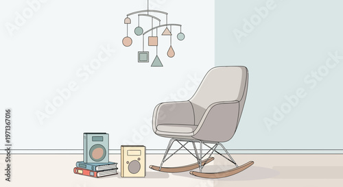 Modern nursery interior with a rocking chair, mobile, and books