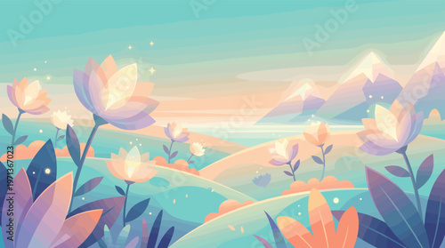 A serene, dreamlike fantasy landscape illustration. Features glowing flowers, rolling hills, and mountains in soft pastel colors. Perfect for wellness, fantasy, or web backgrounds.