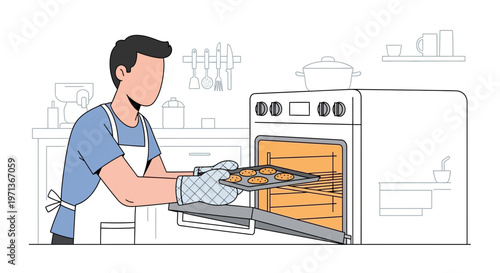 Man baking cookies in the oven in the kitchen