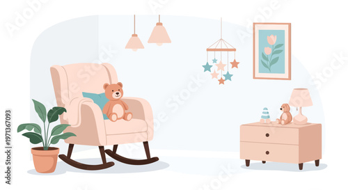 Cozy nursery room interior with rocking chair, teddy bear, and baby decor
