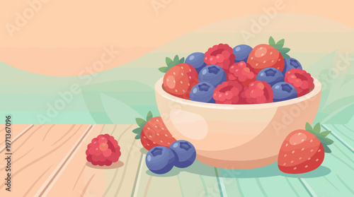 A colorful illustration of a bowl with fresh strawberries, blueberries, and raspberries. Perfect for healthy eating concepts, summer designs, and food blogs. With copy space.