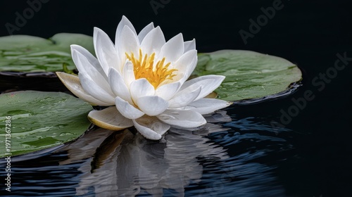 Beautiful White Water Lily Bloom on Serene Dark Water Surface