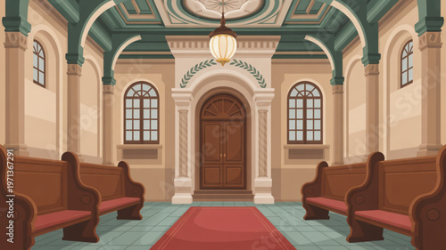 Interior of a grand empty church hall with wooden pews and a red carpet leading to a large wooden door