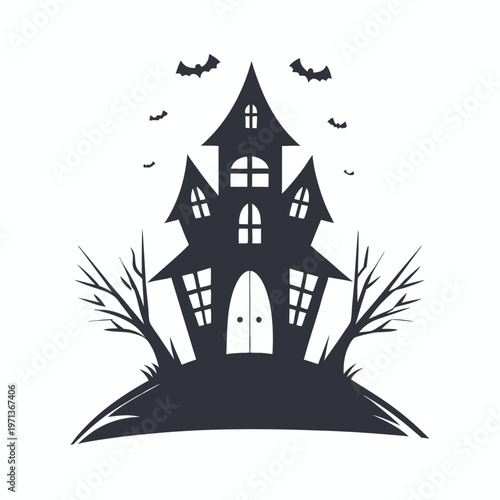 Two simple solid haunted houses on a hill illustration