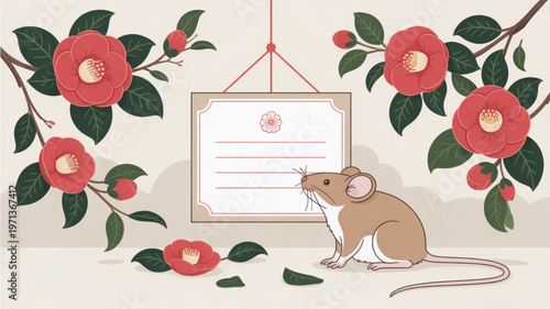 Brown mouse interacting with hanging certificate surrounded by red flowers and green leaves on beige background